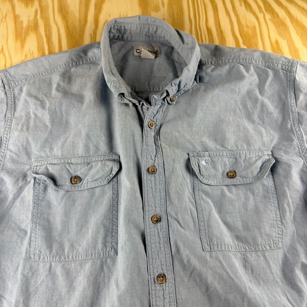 Carhartt Mens 2XL Tall Blue Chambray Short Sleeve Button Down Work Shirt Cotton